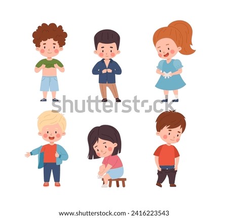 Kids dressing up set vector illustration. Cartoon isolated confident girls and boys clothes fitting by himself. Cute independent children sitting and standing, undressing and dressing pants, dress
