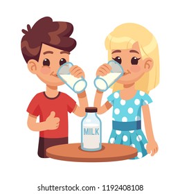 Kids Drink Milk. Cartoon Children, Boy And Girl With Milk Glass. Healthy Breakfast Vector Concept. Illustration Of Healthy Milk For Child