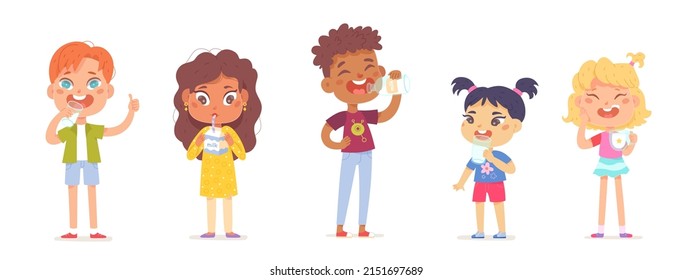 Kids drink milk set vector illustration. Cartoon cute boy and girl holding glass or bottle with delicious beverage full of calcium for health of body, healthy diet for children isolated on white