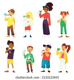 Kids drink milk, water, soda, tea from glasses or mugs. Set of different cartoon characters boys and girls thirst quencher in flat vector illustration isolated on white background