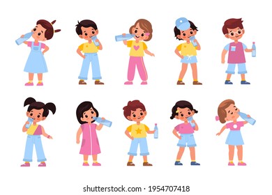 Kids drink water. Funny little children with glasses and bottles, thirsty boys and girls liquid consumption, body hydration, educational healthcare concept. Vector cartoon isolated set