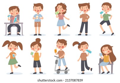 Kids drink water, juice or milk, thirsty kindergarten children. Girls and boys drinking delicious drinks vector illustration set. Baby characters drinking with bottles. Juice and water beverage