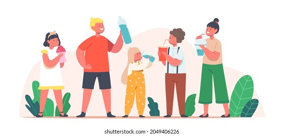 Kids Drinking Clean Water. Little Boys and Girls Characters with Cups and Bottles Enjoying Fresh Aqua Drink Healthy Lifestyle, Summer Refreshment, Body Hydration. Cartoon People Vector Illustration