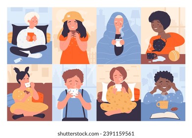 Kids drinking hot drinks set vector illustration. Cartoon children hold mugs with hot tea, chocolate or coffee with milk, boy and girl sitting at home table with cups or under blanket to keep warm