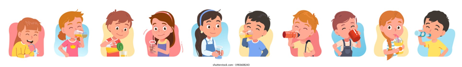 Kids drinking water set. Girls, boys hold bottles, glasses, cups, enjoy drinking beverages. Thirsty people with soda, water soft drinks. Children quenching thirst. Hydration flat vector illustration - Shutterstock ID 1983608243