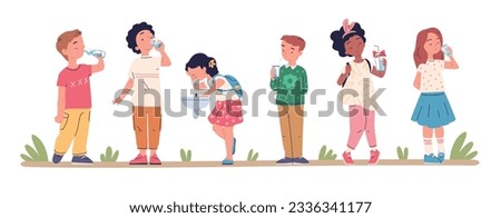 Kids drinking water. Thirsty children hold glass cup with refreshing drinks, fountain watering kid boy child thirst healthy summer lifestyle energy drink classy vector illustration of drink to healthy