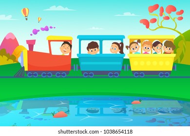 Kids driving a train in fairytale world. Vector boys and girls travel train locomotive illustration