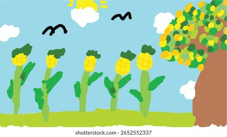 kids dtyle drawing of corn fielld in sunny day