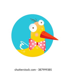 Kids Duck Fun Circle Icon. Bird with bow cartoon funny icon drawing. EPS10 vector. 