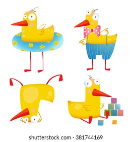 Kids Duck Funny Toy Set. Bird animal cartoon fun play adorable illustration. Transparent background EPS10 vector. 