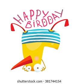 Kids Duck Playing Birthday Greeting Card Design. Yellow duckling birdie cartoon humorous childish adorable illustration. Transparent background EPS10 vector. 