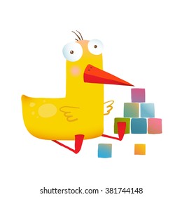 Kids Duck Playing Cubes Funny Toy. Yellow duckling birdie cartoon funny childish adorable illustration. Transparent background EPS10 vector. 