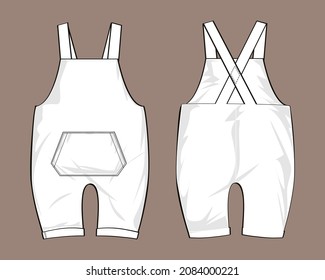 Kids Dungaree Dress design Fashion flat Sketch vector Illustration Template Front And back views. Apparel Clothing Design mock up.