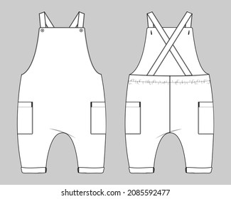 Kids Dungaree Dress design Fashion flat Sketch vector Illustration Template Front And back views. Apparel Clothing Design mock up Front And Back Views.
