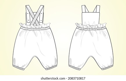 Diseño de Vestido Dungaree para niños Moda técnica Esbozo plano Ilustración de la plantilla Vista frontal y posterior. Aparato Dibujando Burlas Niñas Bebés Tops Unisex Cad. 