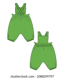 Kids Dungaree Dress Design Technical Fashion Flat Sketch Vector illustration Template Front And Back views. Apparel Drawing Green Color Mock up Baby girls Tops Unisex Cad.
