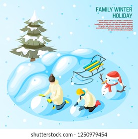 Kids during game in snow ball outdoors in winter holidays isometric composition on blue background vector illustration