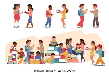 Kids Eagerly Swapping Books, Sharing Tales, Igniting Imaginations. A Delightful Exchange Of Adventures And Stories Among Young Minds, Fostering A Love For Reading. Cartoon People Vector Illustration