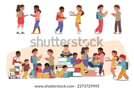 Kids Eagerly Swapping Books, Sharing Tales, Igniting Imaginations. A Delightful Exchange Of Adventures And Stories Among Young Minds, Fostering A Love For Reading. Cartoon People Vector Illustration