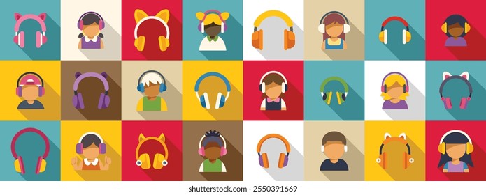 Conjunto de iconos de auriculares para niños. Iconos coloridos de los niños que llevan diversos auriculares, que disfrutan de la música, de los juegos, o del otro audio