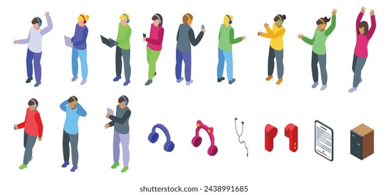 Kids earphones icons set isometric vector. Little person with music. Mobile happy