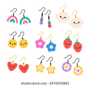 Kids earrings set. Colorful handmade earrings. Vector illustration in flat style