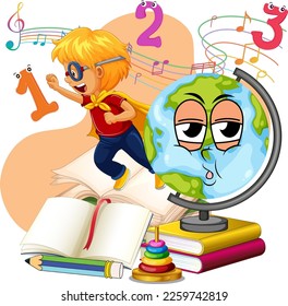 A kids with earth globe on books pile illustration