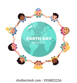 Kids earth world day. Children hold hands around globe, multicultural boys and girls closed circle, smiling friends lead round dance ecology honor. Save our planet, vector cartoon isolated concept