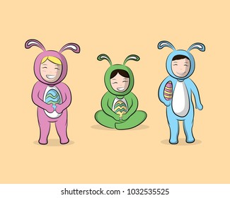 Kids in easter bunny costume holding easter eggs. Vector illustration