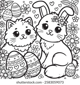 Kids Easter coloring with kitten and bunny