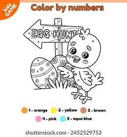 Kids Easter game Color by numbers with cute chick. Page of the coloring book. Cartoon chick standing by a wooden Easter egg hunt arrow sign. Activity book for children. Outline vector illustration.