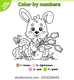 Juego de Pascua para niños Color por números con conejo de dibujos animados sosteniendo tulipanes en sus patas. Página del libro para colorear para niños. Linda liebre se sienta en la hierba cerca de los huevos de Pascua pintados. Diseño de Vector de contorno.