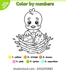 Kids Easter game Color by numbers with cartoon chick. Page of the coloring book. Baby chicken in a nest with painted Easter eggs. Spring holiday activity book for children. Outline vector illustration