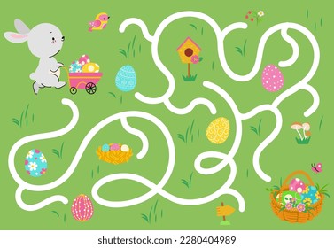 Juego de laberinto de Pascua para niños. Cazador de huevos con lindo conejito de dibujos animados. Encuentra bien, los niños papel juegan laberinto. Festividad de primavera hoy en día plantilla vectorial