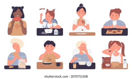 Kids eat food isolated vector illustration set. Cartoon children sitting at home kitchen table, child boy and girl eating with fork or spoon delicious food for breakfast, dinner or lunch background