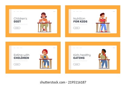 Kids Eat Food Landing Page Template Set. Little Girls and Boys Sitting at Table with Tasty Meals. Baby Characters Eating at Home, School or Kindergarten. Cartoon People Vector Illustration