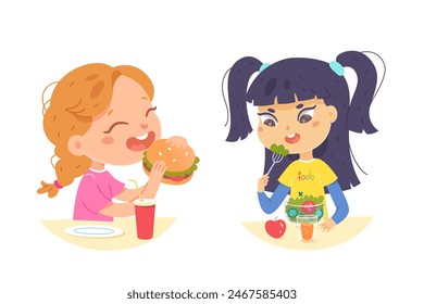 Los niños comen comida a la Ilustración vectorial. Comida saludable y poco saludable. Vegetariano vs comilón. Chicas almorzando o cenando. Jóvenes felices con ensalada de verduras y hamburguesa aislada en blanco.