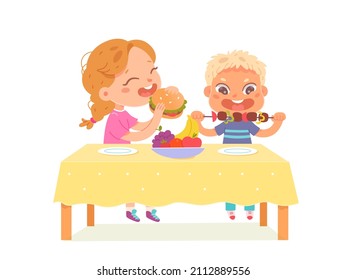 Kids eat food vector illustration. Cartoon hungry boy holding skewer with meat, cute little girl eating yummy burger, children sitting at table with plates and fruits in bowl isolated on white