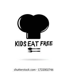 kids eat free on cooking hat in black and white color illustration