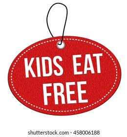 Kids eat free red leather label or price tag on white background, vector illustration
