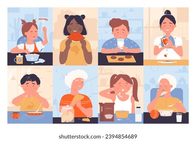 Kids eat healthy food set vector illustration. Cartoon little hungry boy and girl sitting at table for eating breakfast, school lunch or dinner meal, cute happy baby characters holding snacks