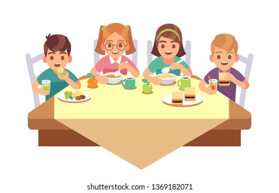 Kids Eat Together. Children Eating Dinner Cafe Restaurant Happy Child Breakfast Lunch Fast Food Dining Friends Cartoon Healthy Meal Vector Concept