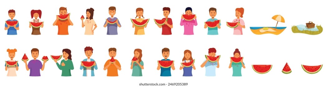 Kids eat watermelon icons set vector. A group of people are holding watermelons and eating them. Scene is lighthearted and fun