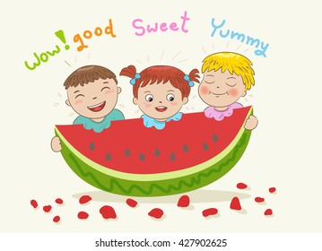 kids eat watermelon vector illustration