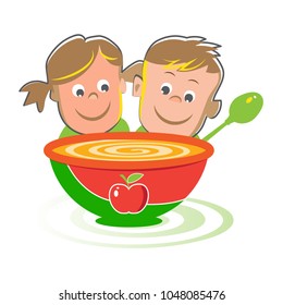 Kids Eating Apple Sauce Cartoon Character Vector Illustration. 