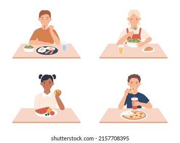 Kids eating. Boys and girls sitting at table and having breakfast. Happy little female and male characters eating different food as eggs and bacon, salad, fruits and pizza vector set