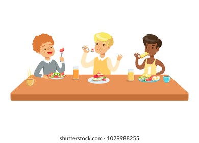 Kids Eating Brekfast And Lunch Food And Drinking Soft Drinks Set Of Cartoon Characters Enjoying Their Meal Sitting At The Table