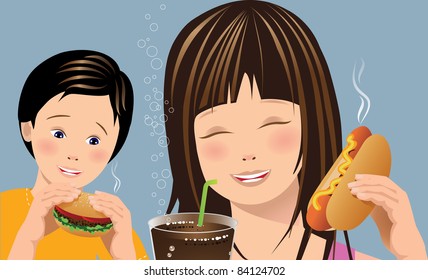 Kids eating burgers and hot dogs A little boy and little girl eat a hot dog and hamburger. EPS 8 vector, cleanly built with no open shapes or strokes.