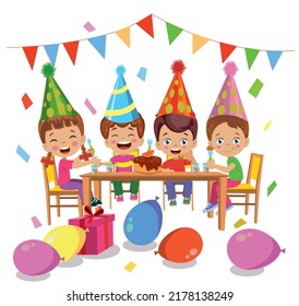 kids eating cake having birthday party