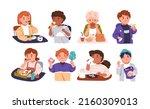Kids eating healthy and unhealthy food, snacks. Children having meal, lunch. Boys and girls with lunchbox, dessert, sandwich. Childs nutrition. Flat vector illustration isolated on white background